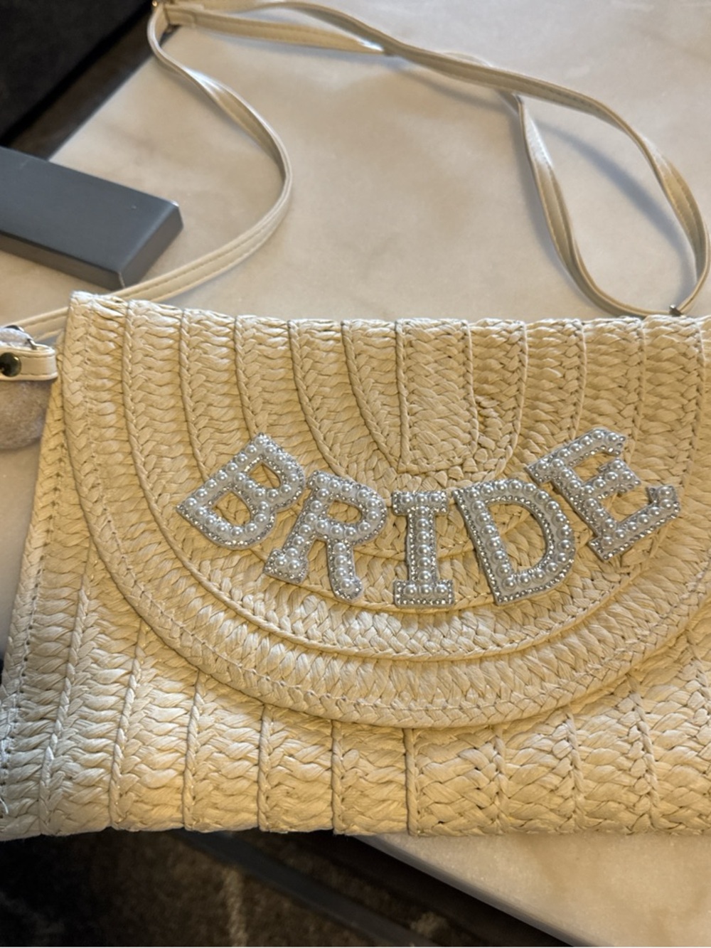 BRIDE Embellished Straw Crossbody Bag in Cream